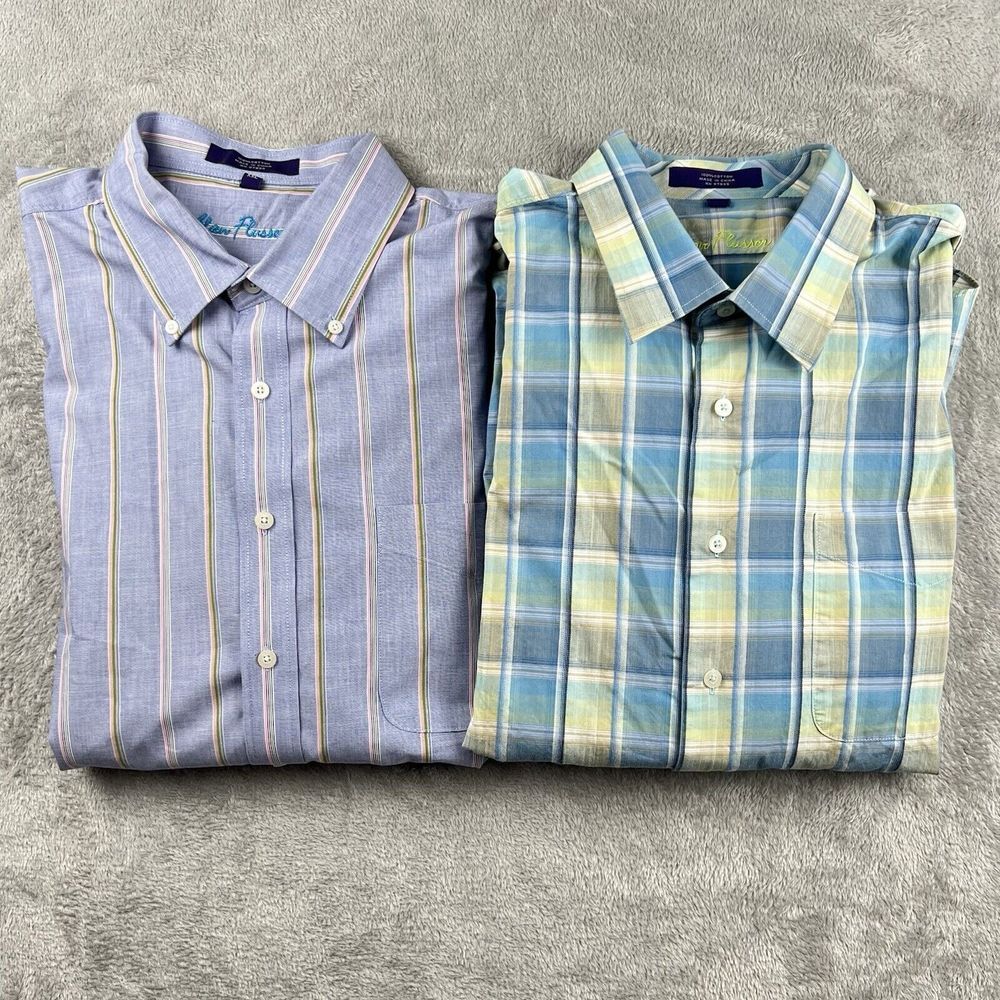 Alan Flusser Button Down Pastel Plaid Shirts Lot of 2 Men's XXL Casual Workwear